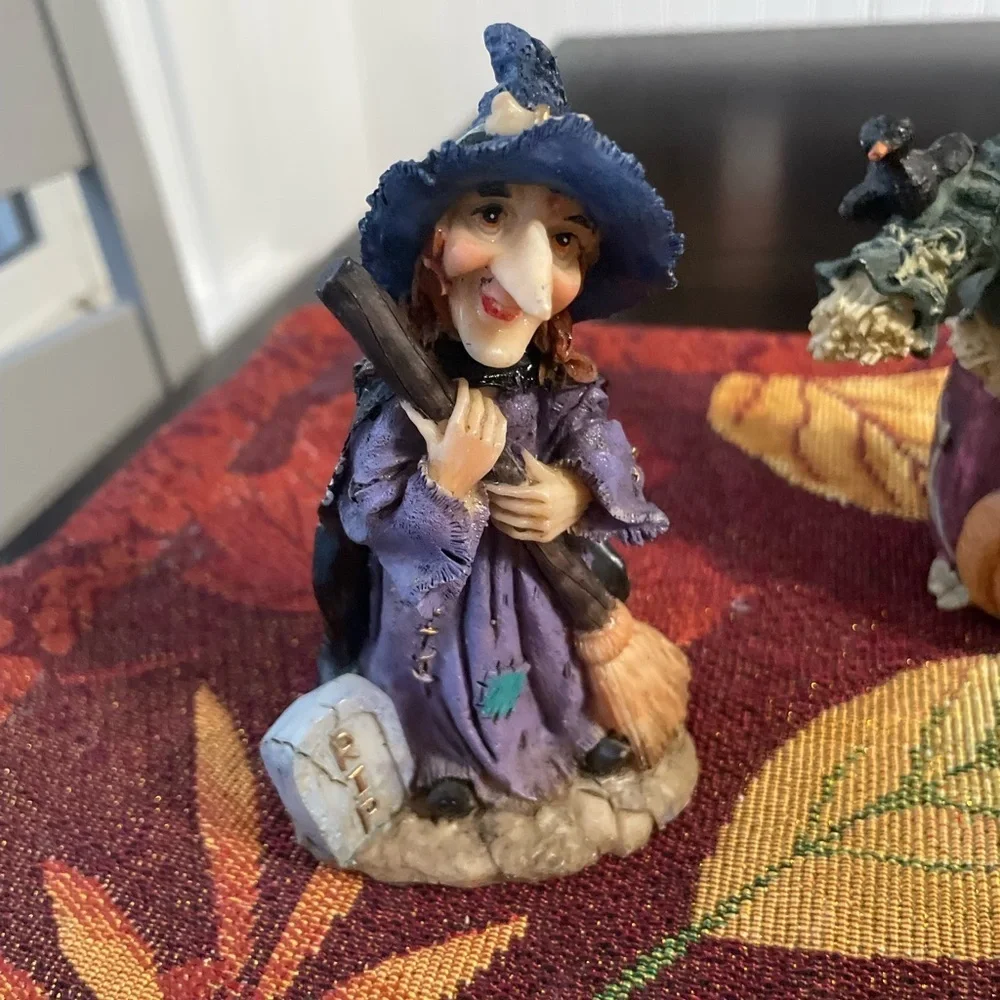 Whimsical Witch & Scarecrow Figurines with fall placemat decor